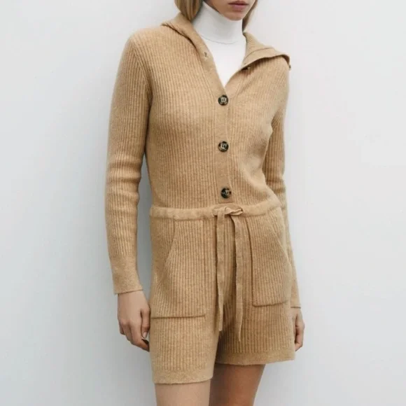 Zara Pants Jumpsuits Zara Tan Beige Ribbed Knit Hooded